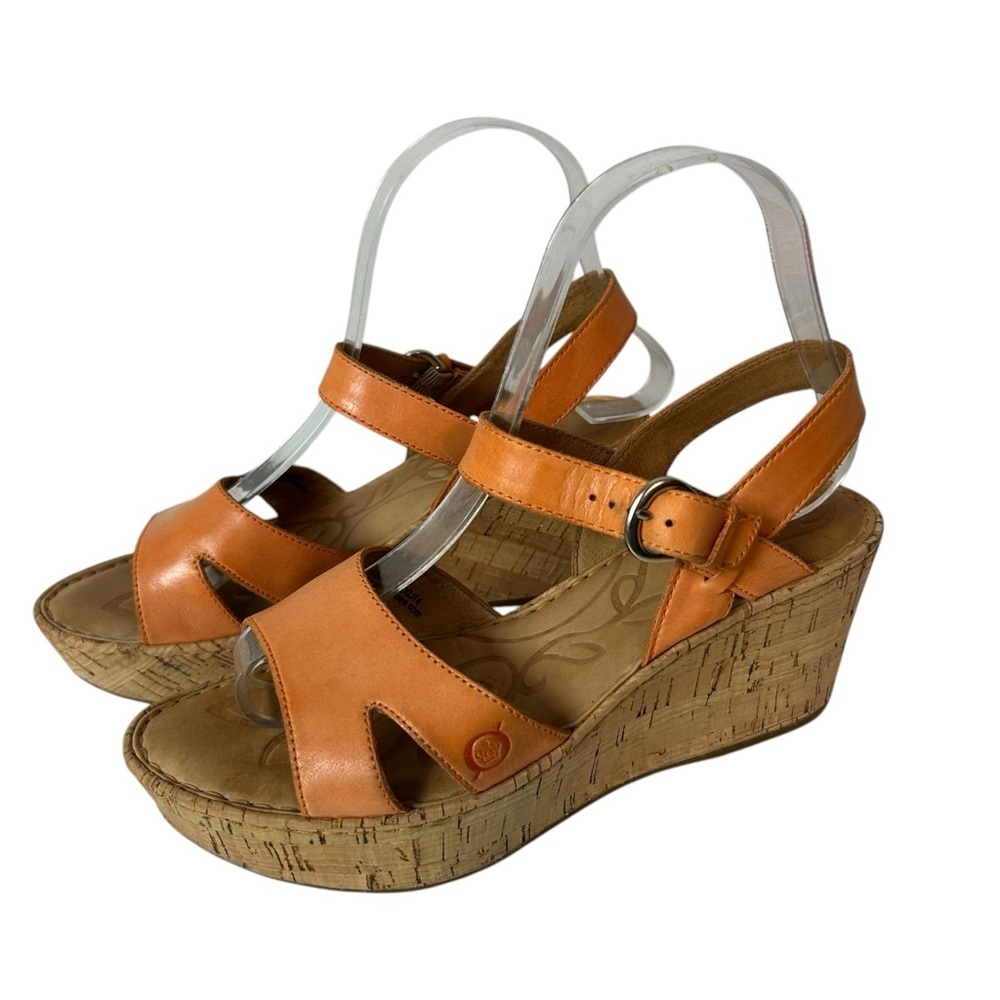 Born Handcrafted Footwear Wedge Cork Heel Platform Sandals Orange Leather Sz 7M